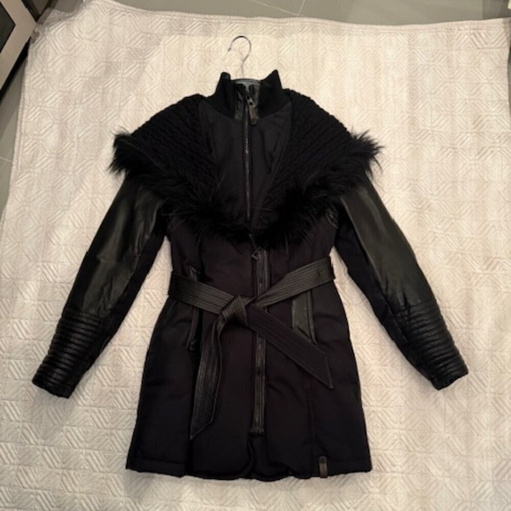 Black  Down Parka with Leather Details and Removable Fur, Rudsak, US M - Picture 4 of 14
